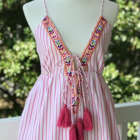 NWT Pink Pinstripe Embroidered Tassel Dress Small - Picture 6 of 8